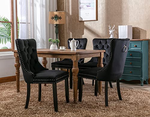 Dining Chairs Set of 4, Modern Upholstered Velvet Dining Room Chairs with Ring Pull Trim and Button Back,Luxury Tufted Dining Chair for Living Room,Kitchen(Green)