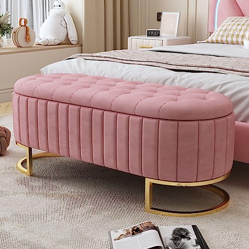GERRIT Oval Storage Ottoman Bench with Button-Tufted, Velvet Upholstered Storage Bench with Metal Legs, End of Bed Ottoman Bench for Bedroom,Living Room,Fully Assembled Except Legs (Beige)