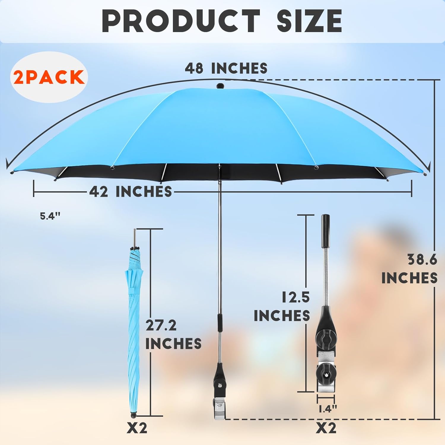2 PACK Chair Umbrella with Clamp, UPF 50+ 360°Adjustable Beach Umbrella, Protable Clamp Umbrella for Beach Chair, Patio Chair, Golf Cart (Light Blue,Not Include Chair)