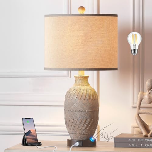 3 - Way Dimmable Touch Control Table Lamps Set of 2 for Bedroom, Farmhouse Bedside Lamps with 2 USB Ports and AC Outlet, Rustic Traditional Nightstand Lamps for Living Room (2 Bulbs Included)