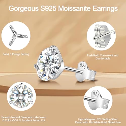 Saintda 3 Prongs Moissanite Earrings for Women 0.5-2ct D Color VVS1 FL Clarity Excellent Round Cut Lab Grown Diamond Gold/Ruthenium Vermeil 925 Sterling Silver Earrings Women Girls Jewelry Gifts