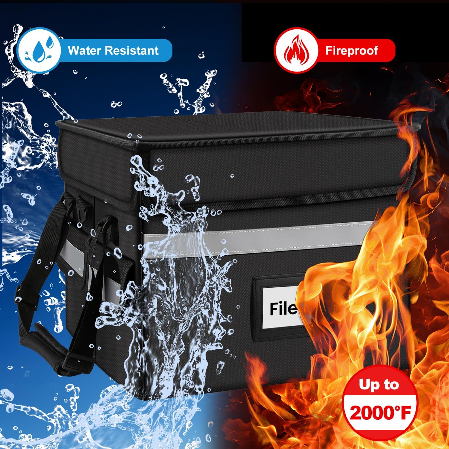 Upgraded Fireproof Document Box, Portable File Box for Hanging Letter/Legal Size Folders, File Storage Organizer Box with a Lock, Water-Resistant Zipper, Handle, and Shoulder Straps