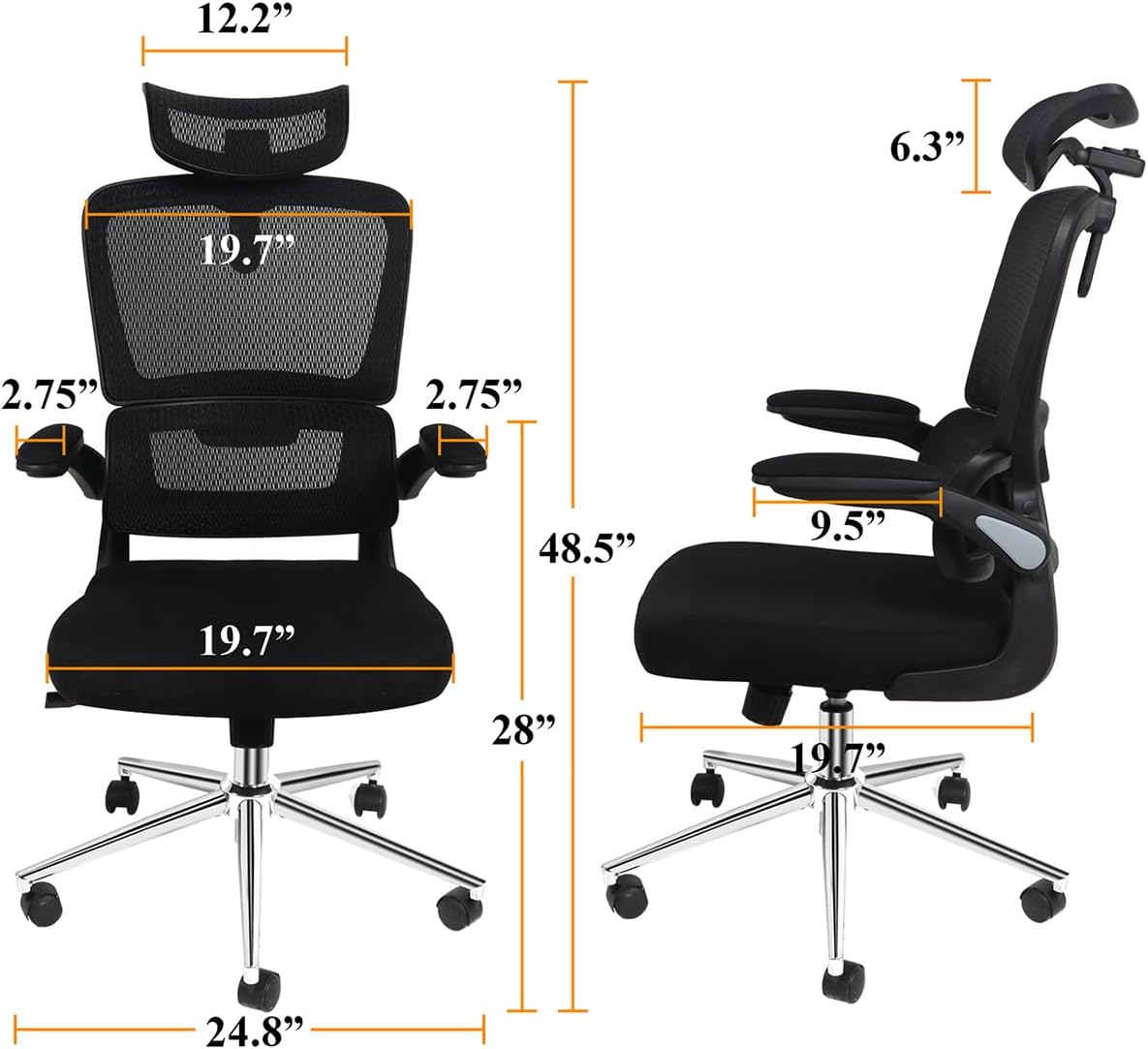 Mesh Ergonomic Swivel Office Chair with Flip Up Arms and Lumbar Support, High Back Desk Chair, High Adjustable Headrest, Tilt Function, Computer Chair, Executive Chair for Home Office(Black)
