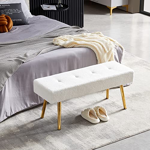 NORDICANA Ottoman Bench, Upholstered Bedroom Benches Velvet Living Room Footrest Stool with Black Metal Legs for Entryway Dining Room Bedroom End of Bed, Bright Yellow