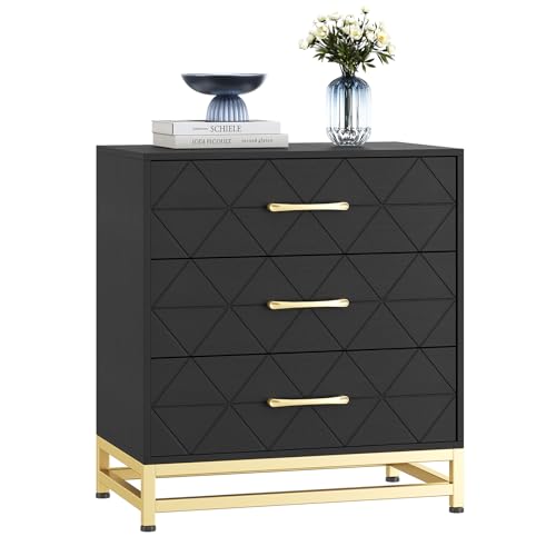 3 Drawer Dresser, Wood Chest Drawers with Storage for Closet, Bedroom, Drawers Dresser Modern Bedside Nightstand with Gold Handles,Black