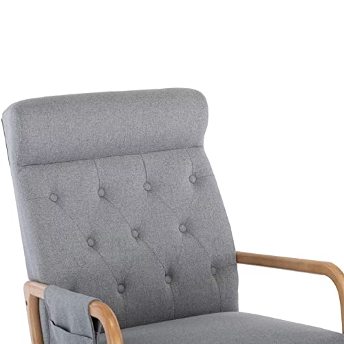 Accent Rocking Chair with Ottoman, Modern Fabric Upholstered Armchair with Thicken Padded Cushion and High Backrest, Glider Rocker with Side Pocket and Solid Wood Base, Beige