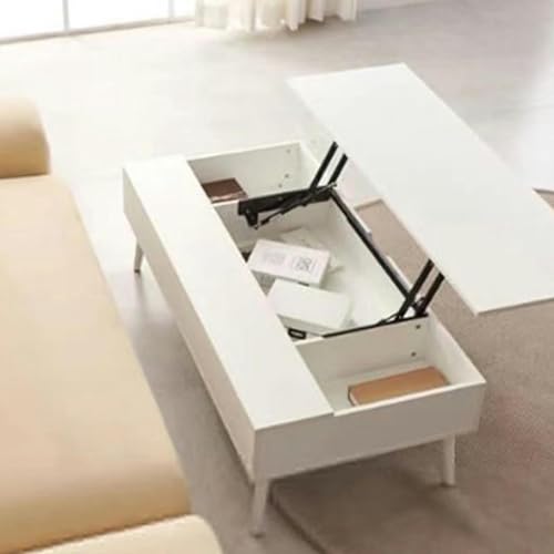 Height Adjustable 3 in 1 Lift Top Coffee Table Converts to Dining Table with 4 Metal Legs Modern Rectangle High Gloss Waiting Area Table, 100, White