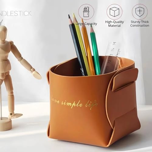 Aesthetic Pen Holder for Desk Cute Storage Basket Office Supplies Vegan Leather Cubicle Decor Workspace Accessories Makeup Brush Organizer Pencil Cup Aesthetic Caddy for Home Office (Brown)