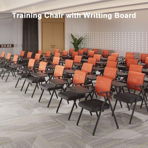 Stackable Conference Room Chairs with Writting Board,Folding Office Chair Foldable Desk Chair Mesh Back and Arms,Meeting Room Chairs Padded Seat Cup Holder(/Grey)