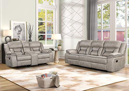 Roundhill Furniture Elkton Manual Motion Reclining Sofa and Loveseat with Storage Console, Dark Chesnut