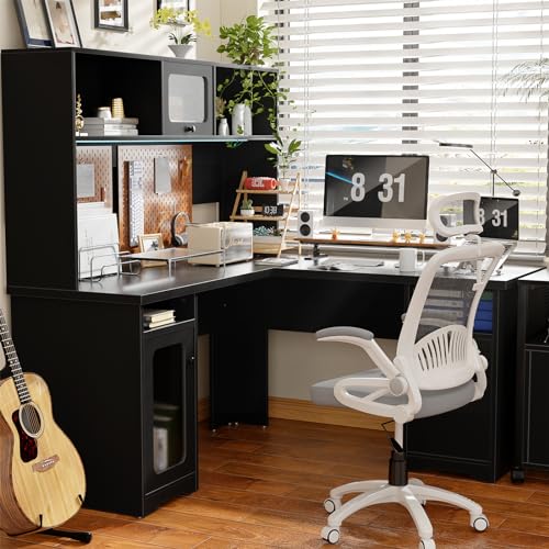 Unikito Office Desk with Drawers and Hutch, Large L Shaped Computer Desk with Power Outlet and LED Lights, 60 Inch Modern Corner Desk with File Cabinets, Sturdy 2 Person Home Office Table, Gray Oak