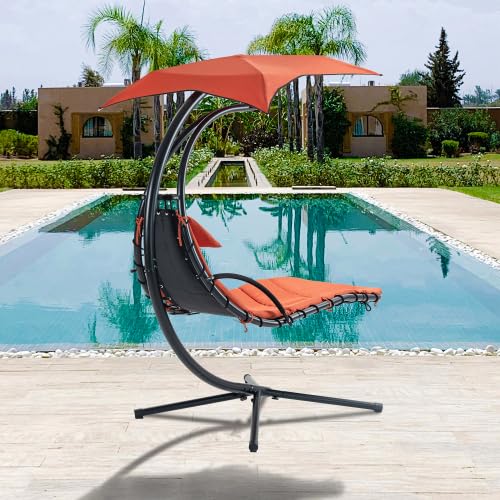 Hanging Chaise Lounger with Removable Canopy, Outdoor Swing Chair, Built-in Pillow, Curved Chaise Lounge Chair Swing, Hammock Chair with Stand, Ergonomic Design, Thick Cushion (Navy)