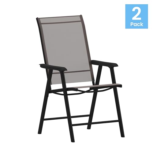EMMA + OLIVER Priya Folding Patio Chair - Black Metal Frame - Brown Textilene Sling Style Seat - 352 lbs. Static Weight Capacity