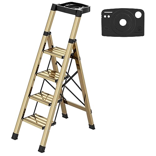 4 Step Ladder,Folding Step Stool W/Portable Handle for Home,Office,Kitchen, Garden Aluminum Lightweight Step Stool with Anti-Slip Sturdy Pedal Ladders, Gold with Tray, 330 lbs Capacity