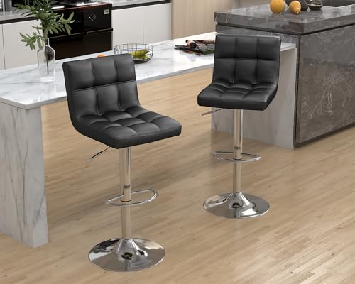 Modern PU Leather Bar Stools Set of 2, Adjustable Swivel Square Bar Chairs, Counter Height Barstools with Arms and Large Base for Island/Kitchen(White)