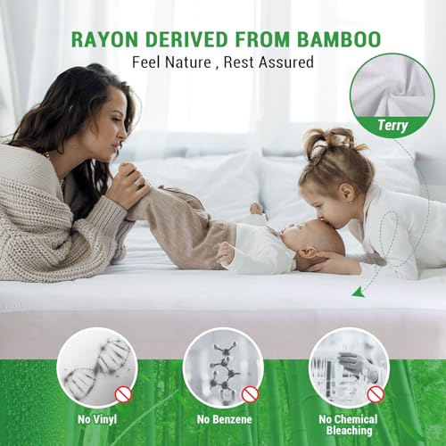 Gogreen Bamboo Rayon Waterproof Mattress Protector, Stretchable Queen Mattress Protector Fit up to 16