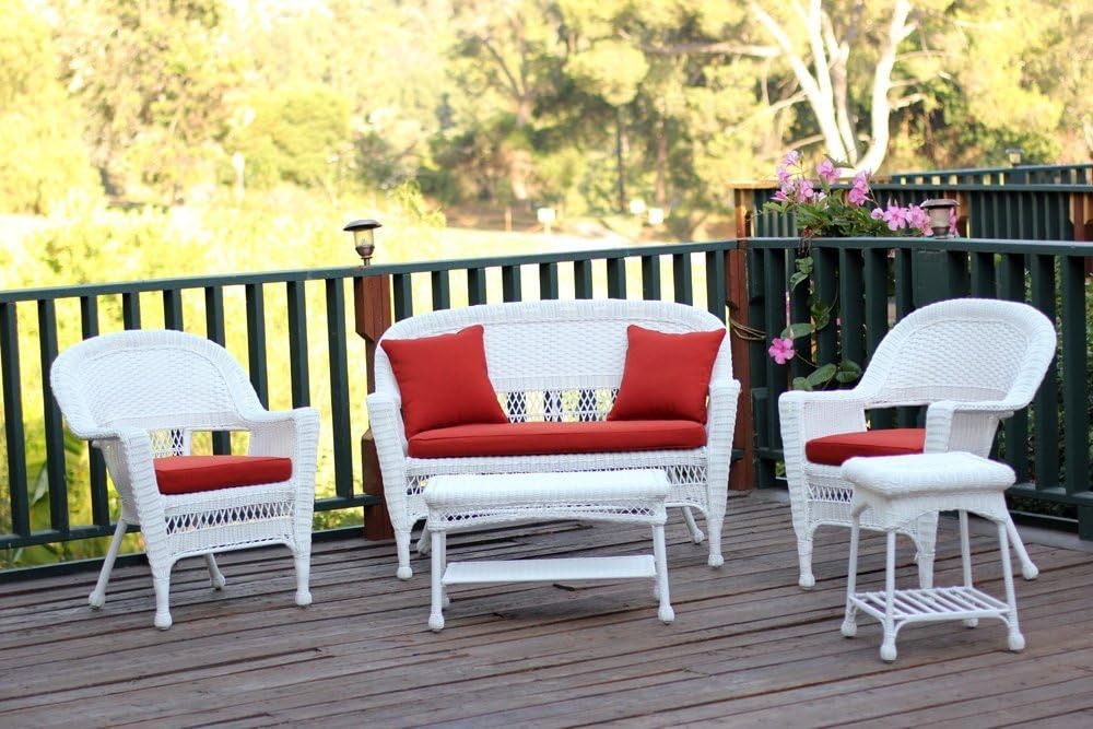 Jeco 5pc Wicker Conversation Set in White with Red Orange Cushions