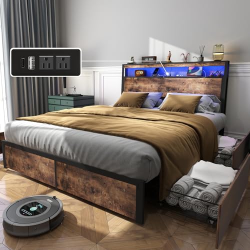 King Size Bed Frame with 4 Storage Drawers and Headboard with Charging Station and LED Lights,2 Tier Solid Wood Headboard Storage,Noise Free,Easy Assembly, Vintage Brown