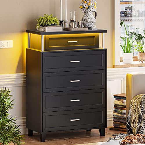 VIAGDO Dresser for Bedroom with 8 Drawers, Chest of Drawers with LED Light, Tall Wide Dresser for Storage and Organization, Black Dresser for Bedroom, Living Room, Closet