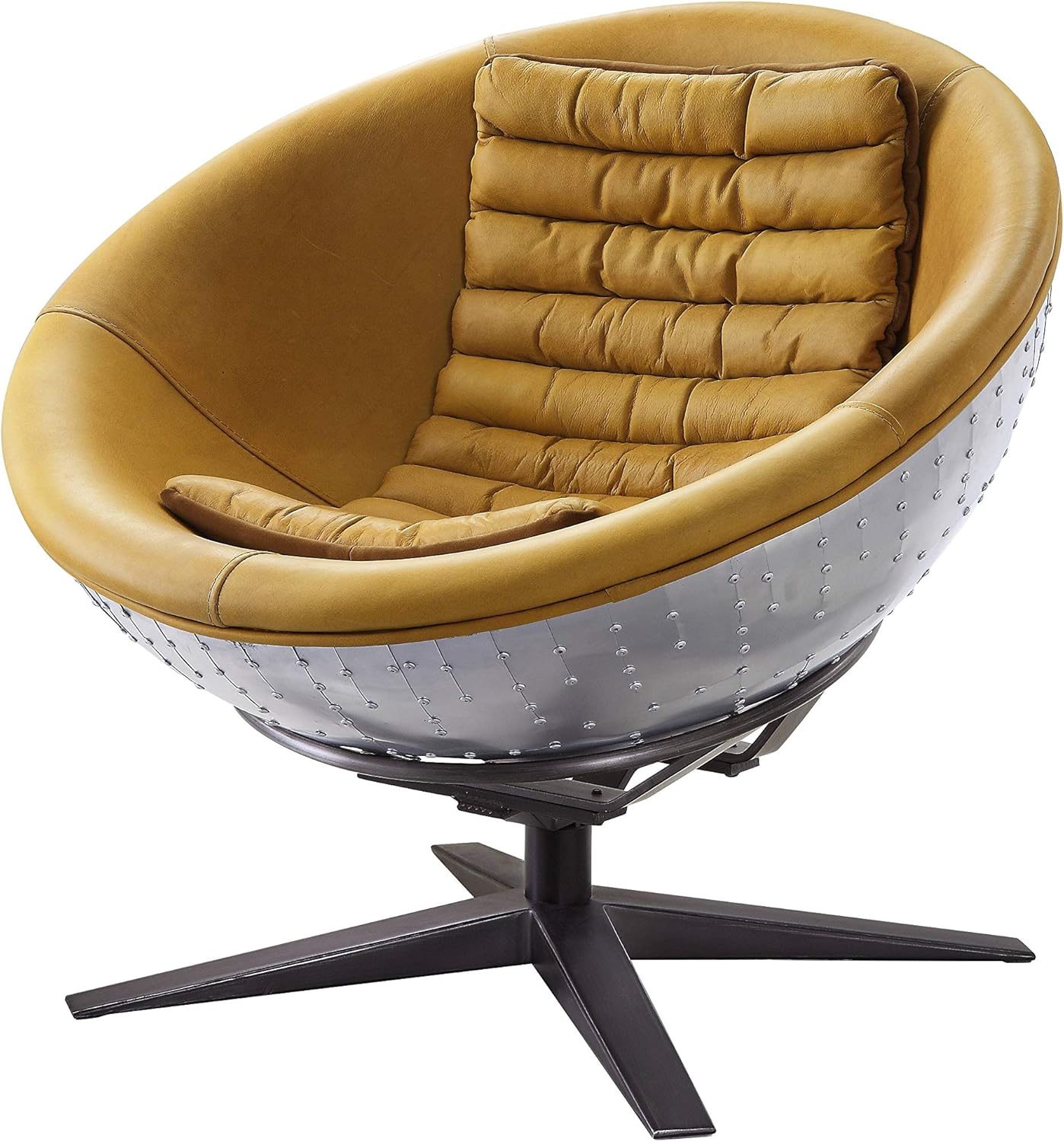 Acme Brancaster Top Grain Leather Accent Chair in Turmeric and Aluminum