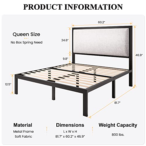 SHA CERLIN King Size Platform Bed Frame with Minimalist Upholstered Headboard, Metal Structure, Wood Slat Support, Easy Assembly, No Box Spring Needed(Grey)