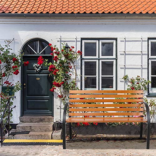 Knocbel 48 Inch Industrial Outdoor Bench Patio Garden Porch Chair Loveseat with Wood Slatted Seat and Back, Metal Frame, 330lbs Weight Capacity (Black and Natural)