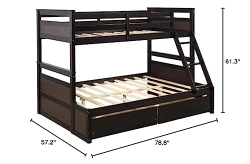 Twin Over Full Bunk Bed with Ladder, Solid Wood Bunk Beds Twin Over Full Size with Guardrail, Twin Over Full Bunk Bed Frame, Can Be Separated Into Twin/Full Size Bed, No Box Spring Needed (Gray)