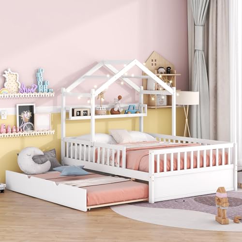 Bellemave Full Size House Bed with Trundle, Wooden Kids Bed with Shelf, Kids Platform Bed with Fence and Roof, Box Spring Needed (White)