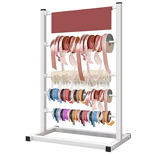Metal Ribbon Holder Organizer Rack, 4 Tier Stand Ribbon Roll Display Storage Shelf for Mothers Day Flower Store Craft Room Gift Wrapping (White)