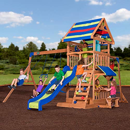 Backyard Discovery Beach Front All Cedar Wooden Swing Set with Monkey Bars, Large Upper Deck with Canopy, Ships Wheel, Play Telescope, Sandbox, Snack Bench, Rock Wall