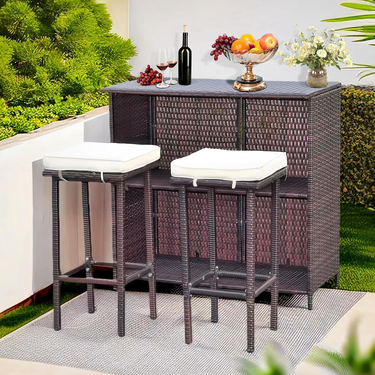 PatLoom Outdoor Rattan 3PC Patio Bar Set,Elegant Wicker Design with Glass Table Top & 2 Stools, Removable Cushions - Ideal for Backyards, Porches, Poolside (White)