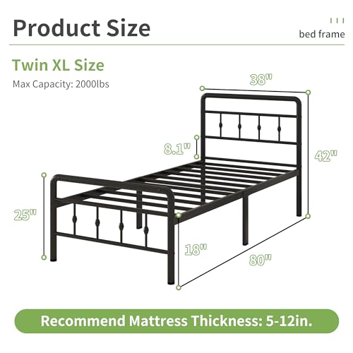 18 Inch Tall Twin Bed Frames with Headboard and Footboard, Heavy Duty Metal Platform Bed Frame Twin No Box Spring Needed, Easy Assembly, Under Bed Storage, Noise Free, Black