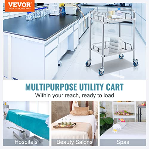 VEVOR Lab Rolling Cart 3 Shelves Shelf Stainless Steel Rolling Cart Catering Dental Utility Cart Commercial Wheel Dolly Restaurant Dinging Utility Services (23.4
