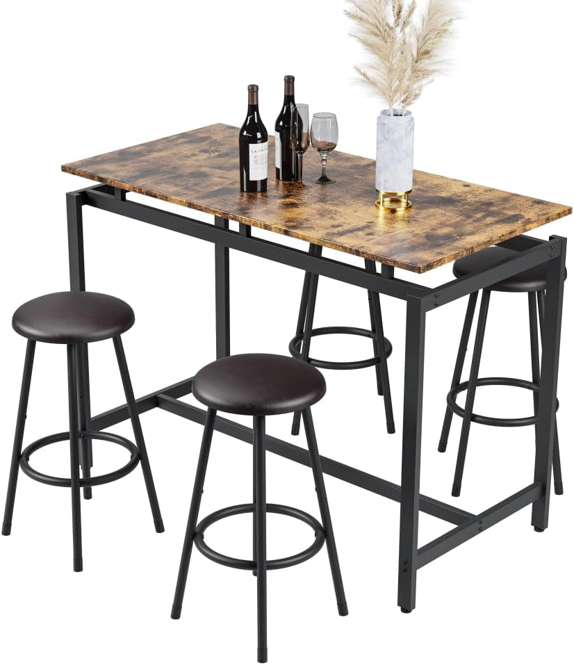 Bar Table and 4 Chairs Set Industrial Counter Height Pub Table with Bar 5 Pieces Dining Set Home Kitchen Breakfast, PU Upholstered Stools with Backrest, Rustic Brown