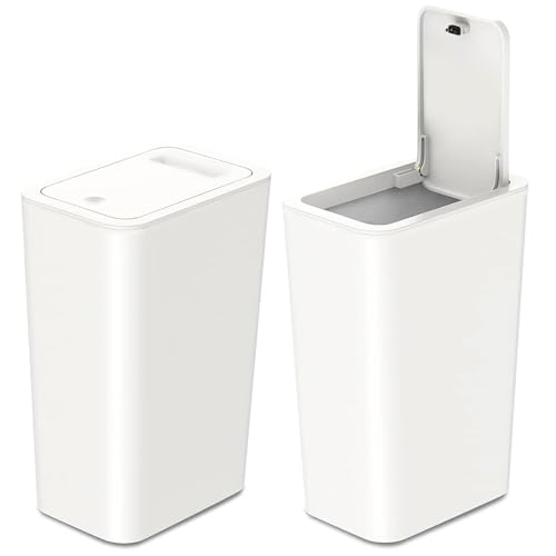 2 Pack Slim Space-Saving Trash Can with Press Top Lid, 15L 4 Gallon Durable Plastic Garbage Bin for Kitchen, Bathroom, RV, Office, Small Container Wastebasket for Narrow Spaces (2 Pcs Grey)