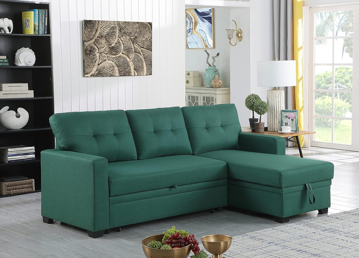 Upholstered Pull out Sectional Sofa with Chaise (Green)