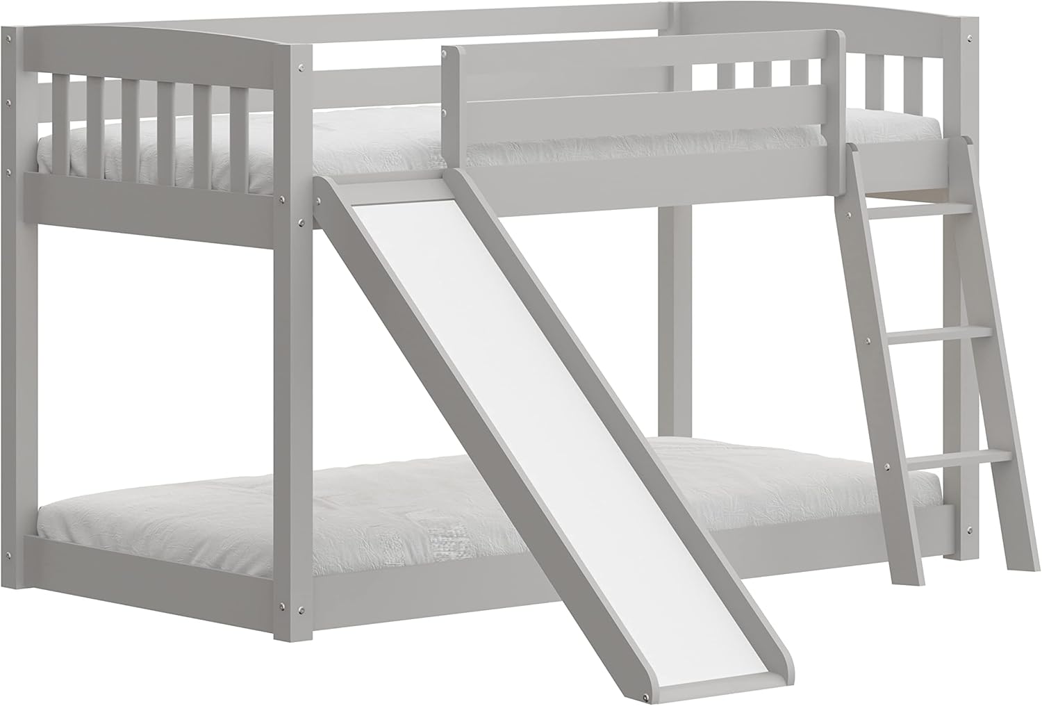 Kids Bunk Bed Twin Over Twin with Slide and Stairs, Heavy Duty Solid Wood Twin Bunk Beds, Toddler Bed Frame with Safety Guardrails, Grey