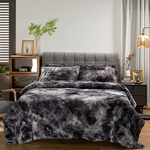 3 Pieces Plush Fluffy Duvet Cover,Luxury Faux Fur Quilt Cover Set Tie Dyed Extra Soft and Fluffy Bedding (1 Duvet Cover + 2 Pillowcases)(90x90inch, Grey)