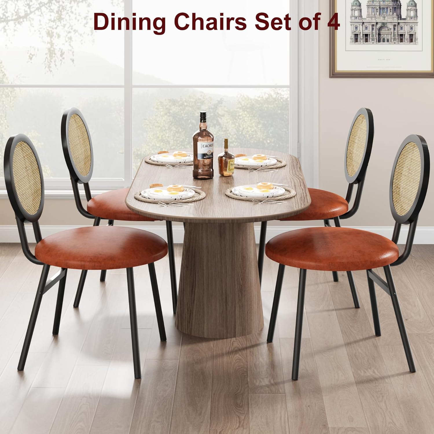 IDEALHOUSE Rattan Dining Chairs Set of 4, Upholstered Kitchen Chairs Space Saving Dining Chairs with Metal Legs for Living Room & Dining Room