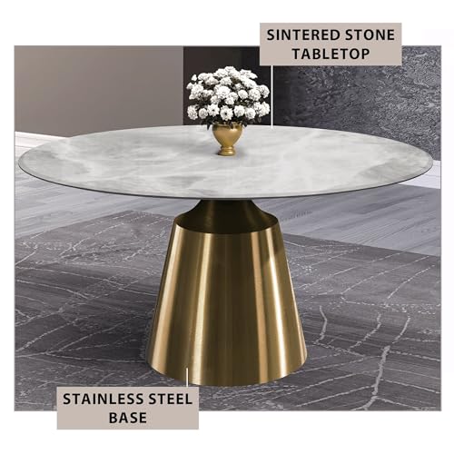 LeisureMod Round Dining Table with Glass Tabletop and Gold Stainless Steel Base for Home and Kitchen Prynn Collection, 60