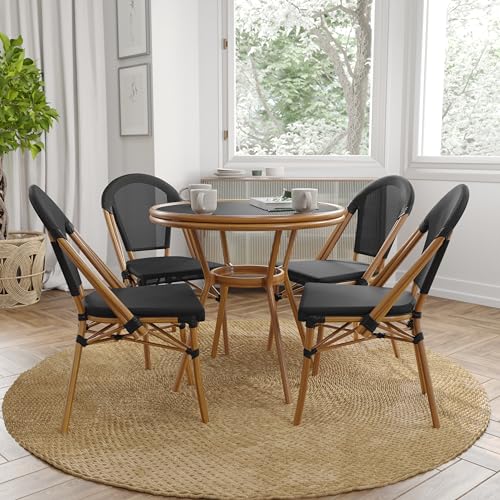 Merrick Lane Sacha French Bistro Style Set - Indoor/Outdoor Use - Tempered Glass Tabletop - Navy & White PE Rattan - 4 Stack Chairs - Bamboo Finished Metal Frame