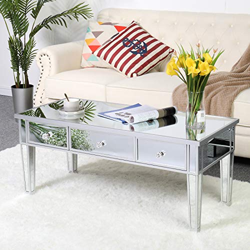 35inch Mirrored Coffee Table Cocktail Table with Crystal Decor, Silver End Table w/Adjustable Height Legs, Wood Frame/Smooth Mirrored Surface, Mirror Centre Table for Living Room Home Office