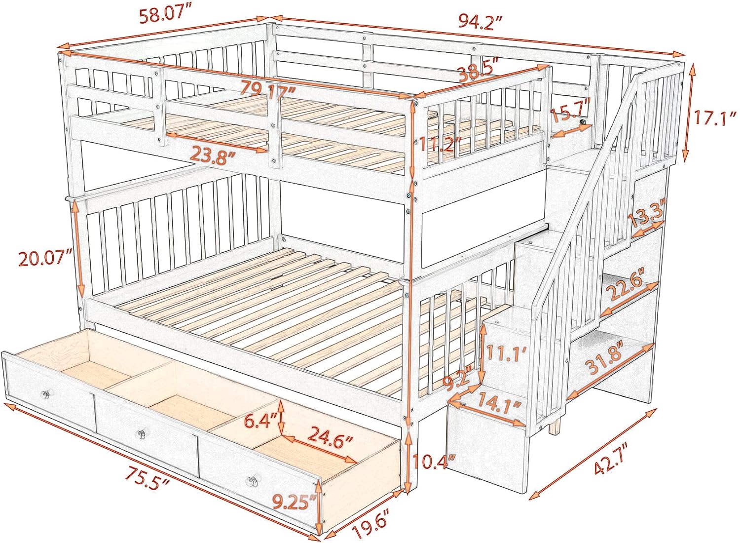 Bellemave Full Over Bunk Beds with Drawers and Stairs Wood Bed Frame Storage for Kids Teens Adult, Detachable Bunked Boys Girls Women Men, White