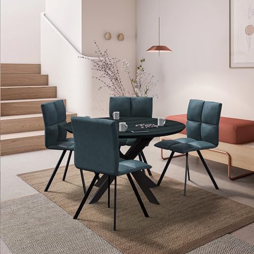 LeisureMod Wesley Modern Leather Kitchen and Dining Chairs with Metal Legs Set of 4 (Peacock Blue)
