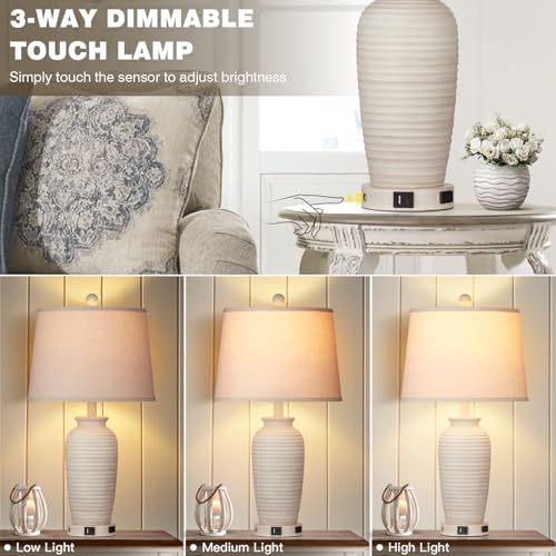 Farmhouse Jar Table Lamps Set of 2, 3 Way Touch Control Rustic Bedside Lamps with USB A+C Ports & AC Outlet, 25