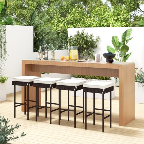 Tangkula Patio Rattan Barstools Set of 4, Outdoor Wicker Bar Height Chairs with Footrest & Soft Cushions, Heavy-Duty Metal Frame, Cushioned Barstools for Backyard, Balcony