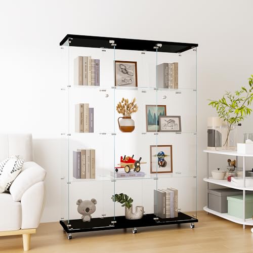 Modern 4 Shelf Glass Display Cabinet, Curio Cabinets with Glass Doors & Open Storage, Large Collection Glass Display Case, Floor Standing Glass Bookshelf for Bedroom Living Room Office, Black