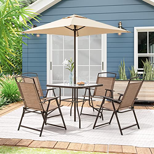 Pellebant 6PCS Patio Dining Set with Square Glass Table, 4 Folding Chairs and Patio Umbrella for Garden, Pool, Backyard, Outdoor, Indoor, Park, Patio, Poolside, Brown