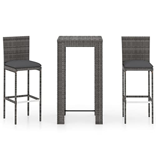 3 Piece Patio Bar Set with Cushions Poly Rattan Gray,Stylish Outdoor Bar Set with Comfortable Rattan Stools for Patio and Garden Outdoor Furniture Sets, Patio Furniture Sets