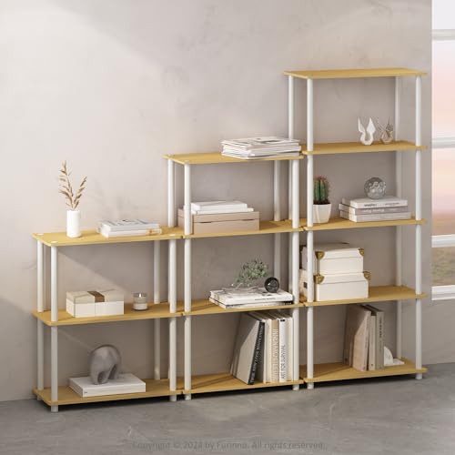 Furinno Turn-N-Tube Multipurpose Corner Shelf, Display Rack, Bookshelf, White Oak, Stainless Steel Tubes